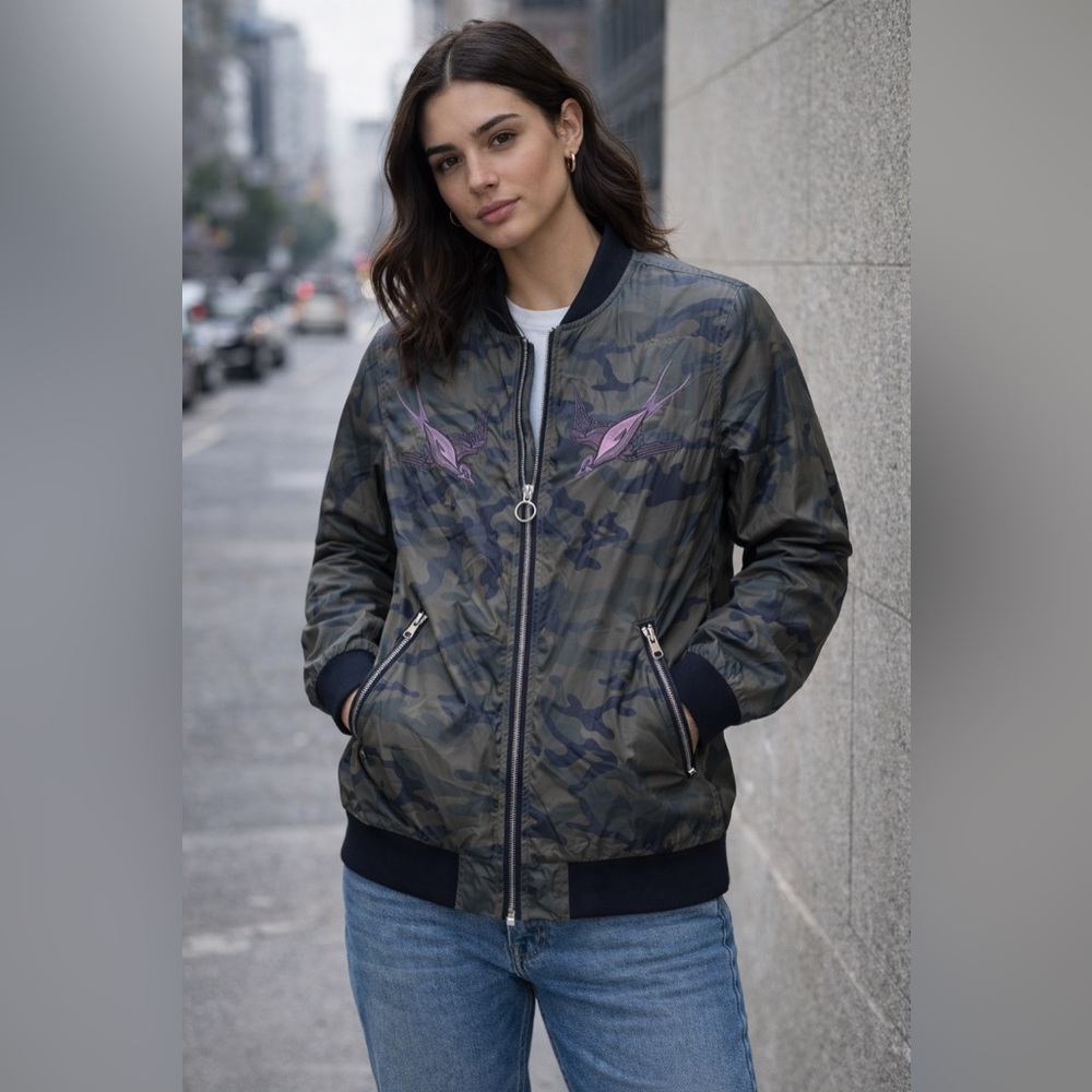 Rock & Republic Camouflage Bomber Jacket with Bird Embroidery
